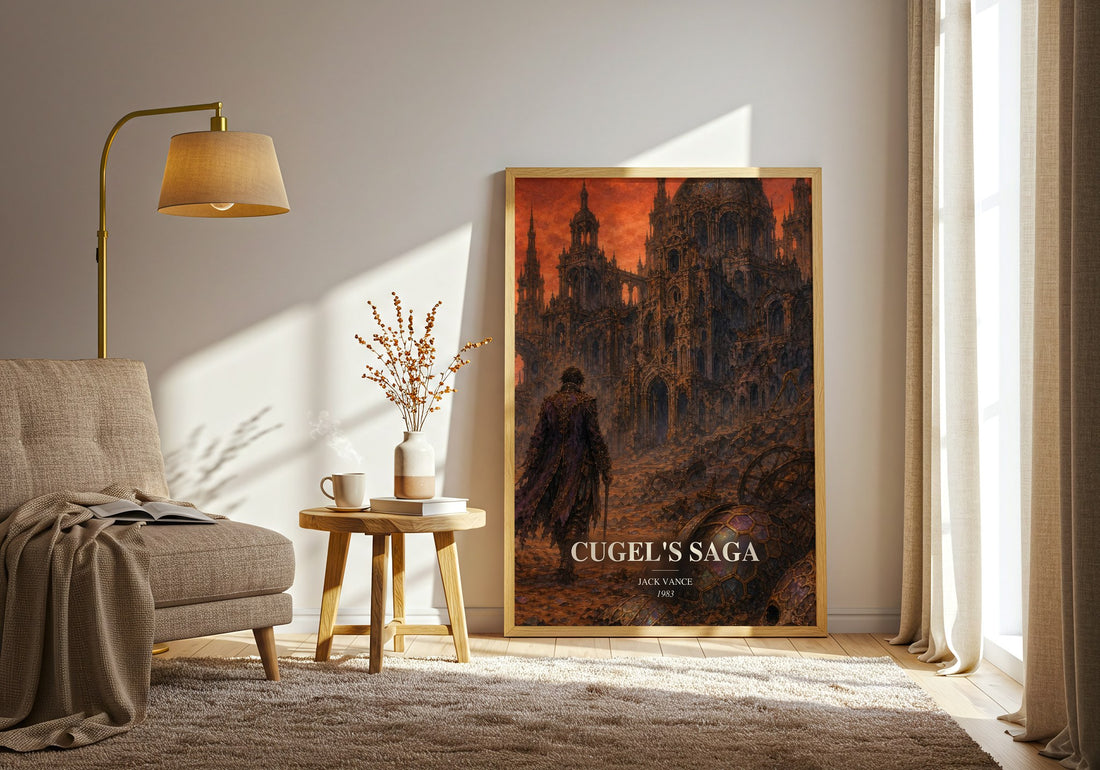 Cugel's Saga watercolour print in frame leaning in hallway – fantasy wall art (mockup)