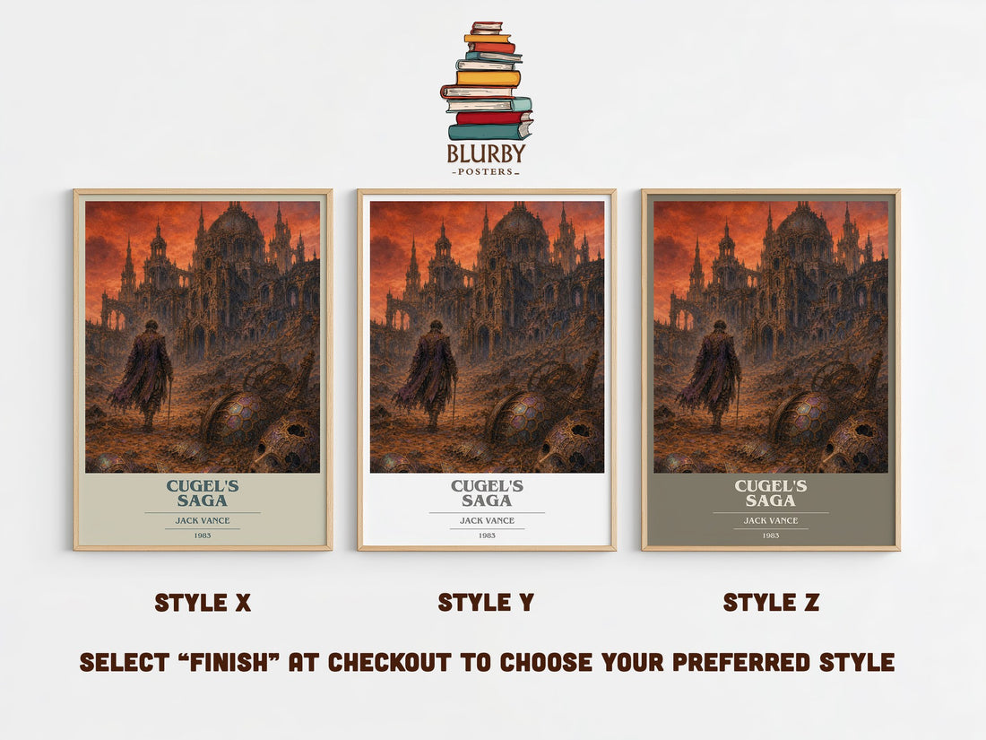 Cugel's Saga book cover print in frame leaning in hallway – fantasy wall art (mockup)