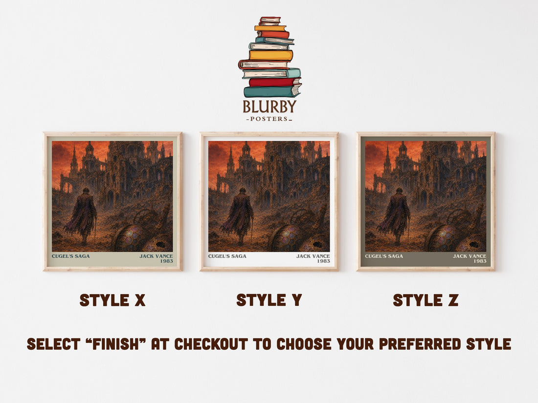 Cugel's Saga literary print in frame leaning in hallway – fantasy wall art (mockup)