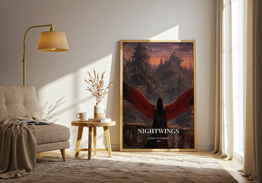 Nightwings watercolour print in frame leaning in hallway – sci fi wall art (mockup)