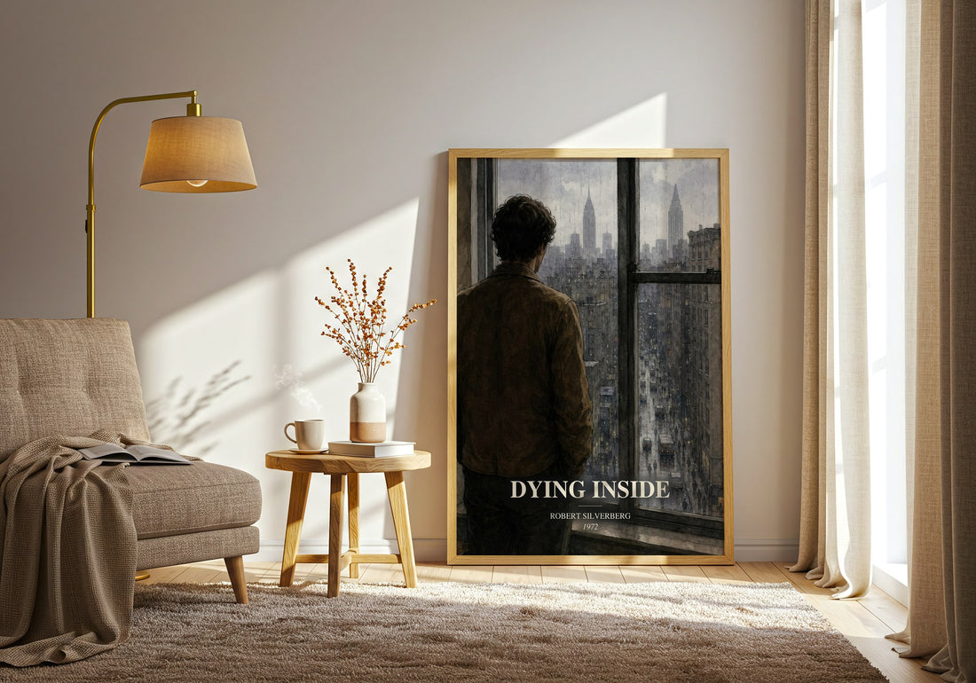 Dying Inside watercolour print in frame leaning in hallway – sci fi wall art (mockup)