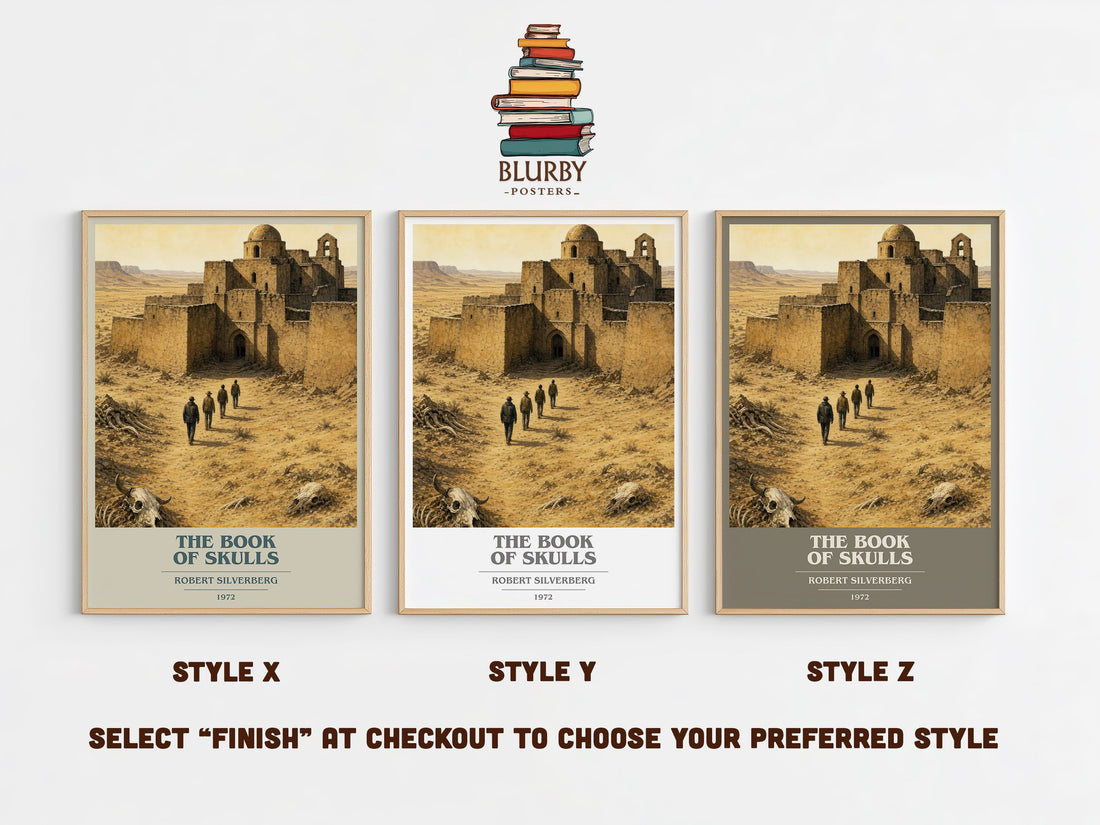 The Book of Skulls book cover print in frame leaning in hallway – sci fi wall art (mockup)