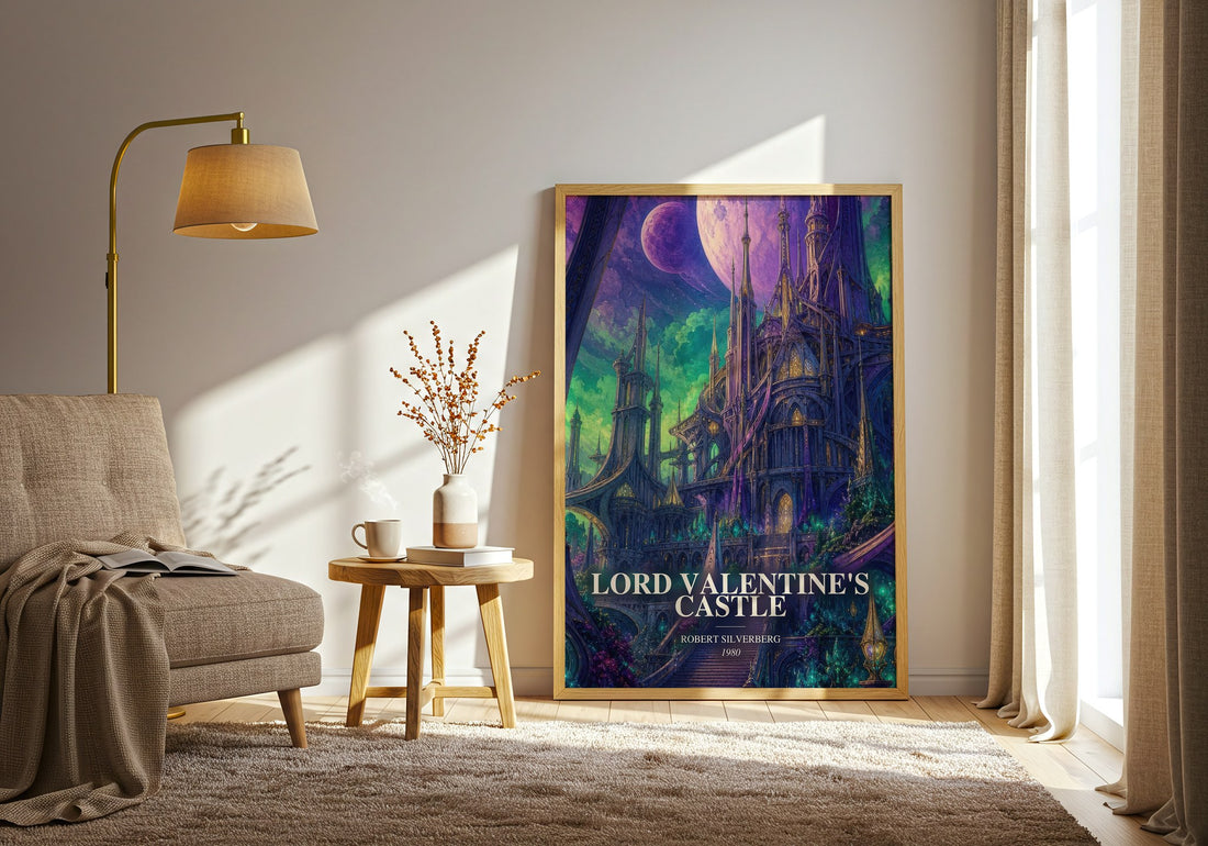 Lord Valentine's Castle watercolour print in frame leaning in hallway – sci fi wall art (mockup)