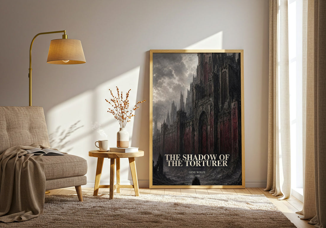 The Shadow of the Torturer watercolour print in frame leaning in hallway – sci fi wall art (mockup)