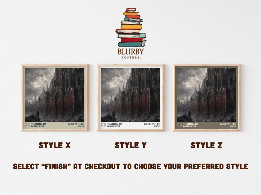 The Shadow of the Torturer literary print in frame leaning in hallway – sci fi wall art (mockup)