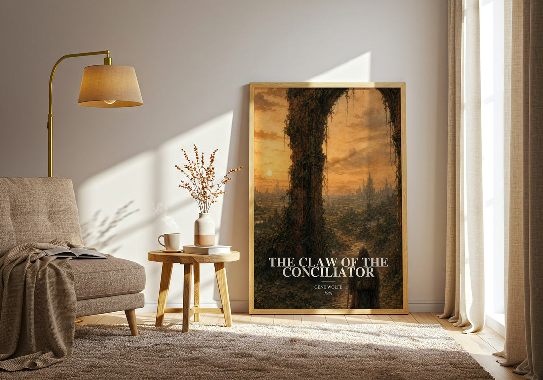 The Claw of the Conciliator watercolour print in frame leaning in hallway – sci fi wall art (mockup)