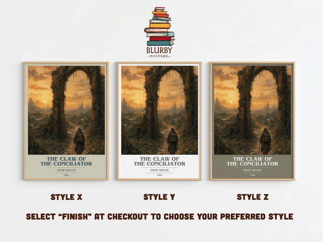 The Claw of the Conciliator book cover print in frame leaning in hallway – sci fi wall art (mockup)