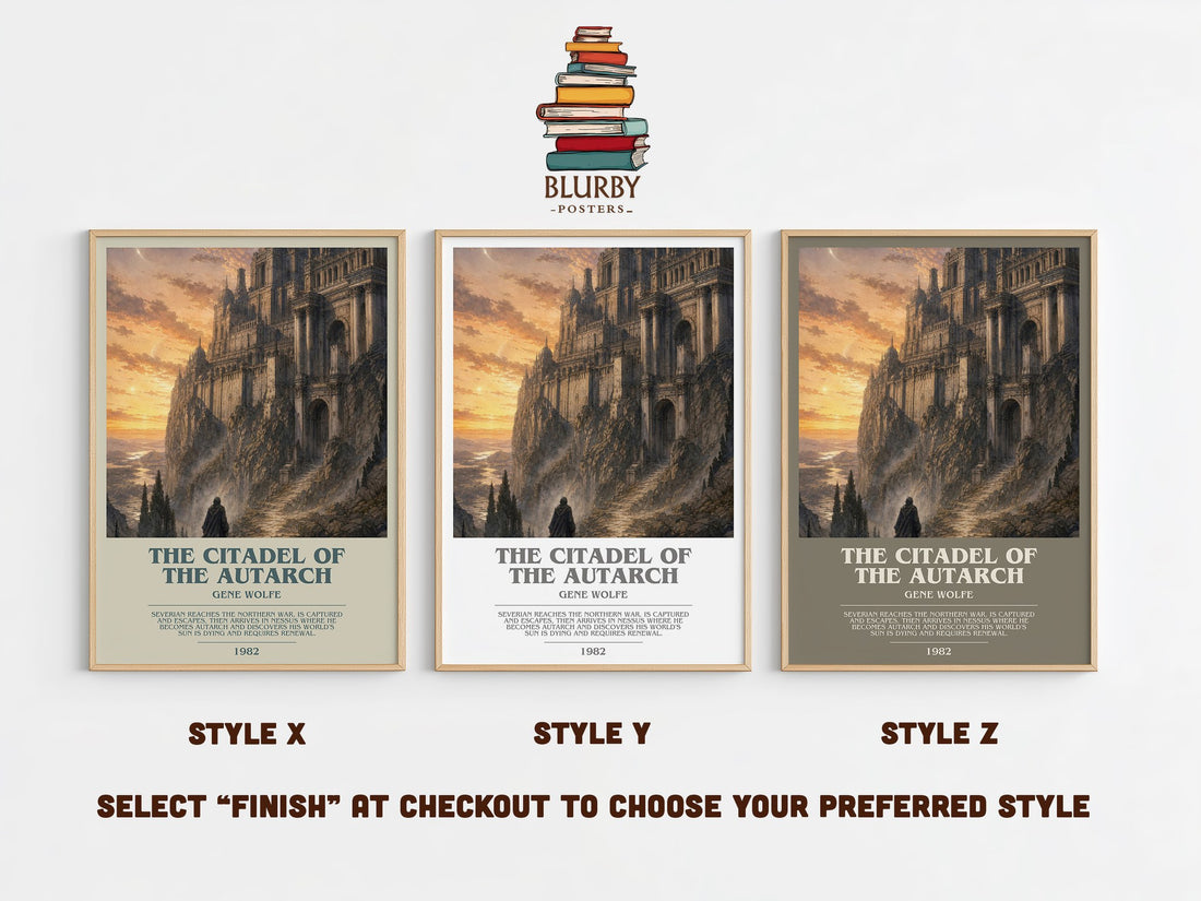 The Citadel of the Autarch bookish print in frame leaning in hallway – sci fi wall art (mockup)