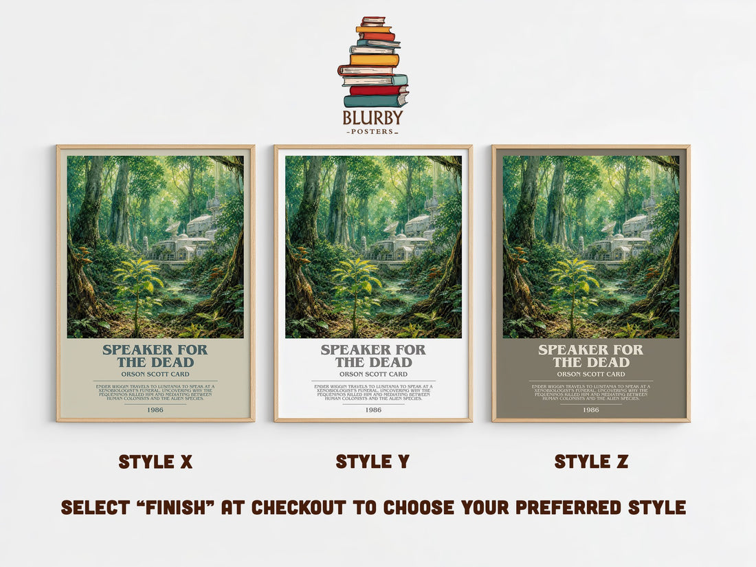 Speaker for the Dead bookish print in frame leaning in hallway – sci fi wall art (mockup)