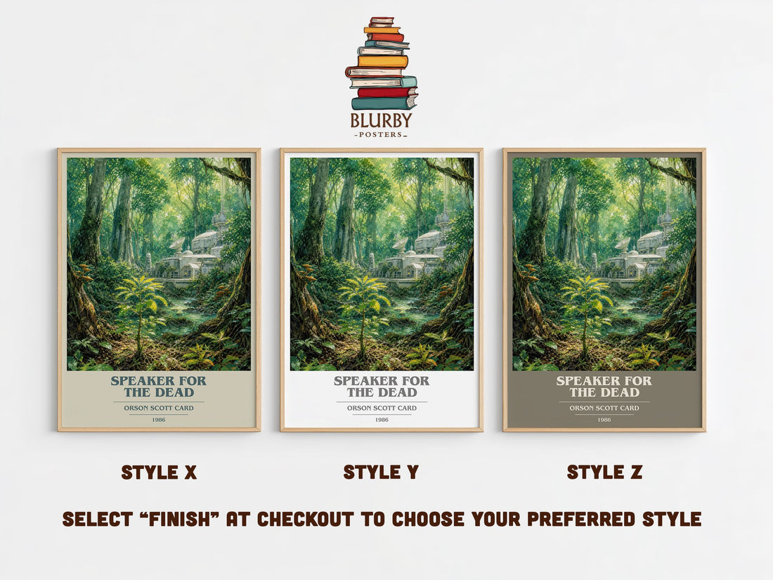 Speaker for the Dead book cover print in frame leaning in hallway – sci fi wall art (mockup)