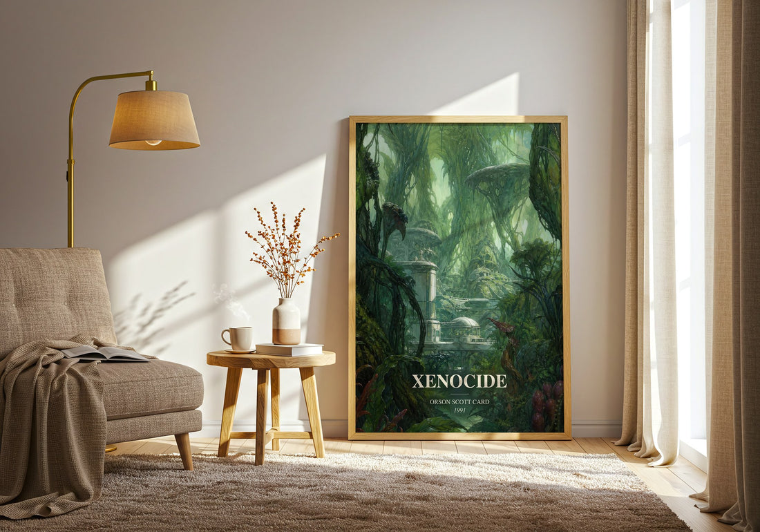 Xenocide watercolour print in frame leaning in hallway – sci fi wall art (mockup)