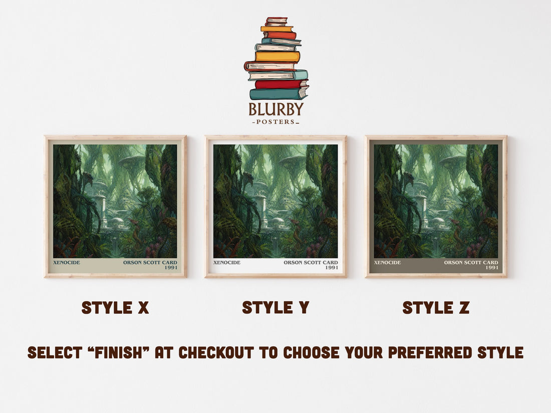 Xenocide literary print in frame leaning in hallway – sci fi wall art (mockup)