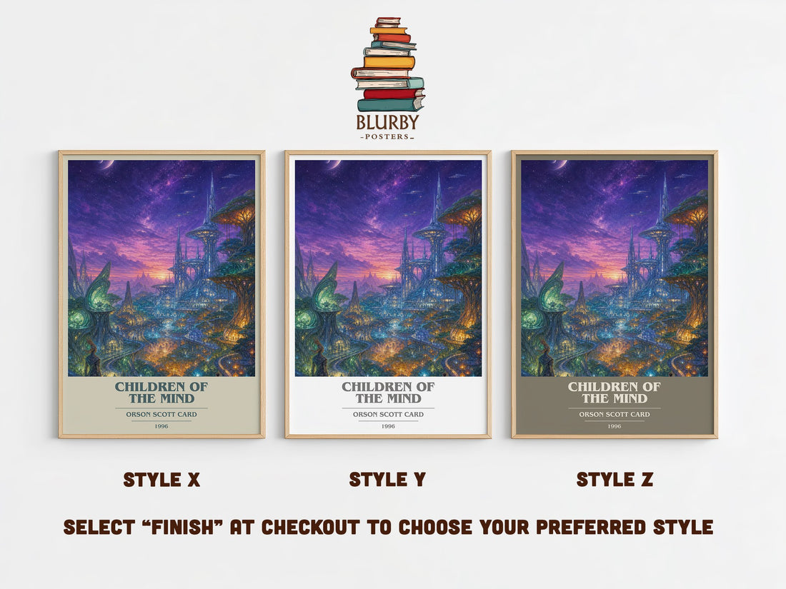 Children of the Mind book cover print in frame leaning in hallway – sci fi wall art (mockup)
