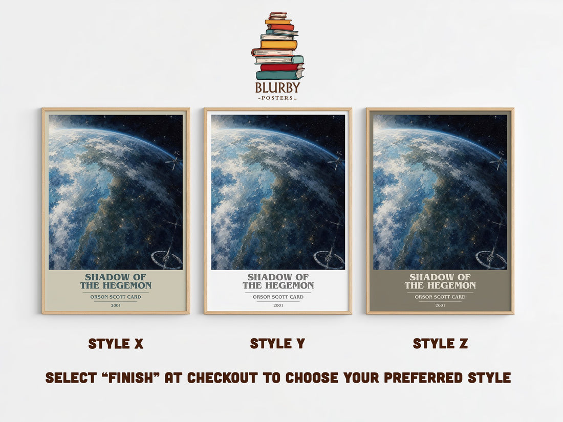 Shadow of the Hegemon book cover print in frame leaning in hallway – sci fi wall art (mockup)
