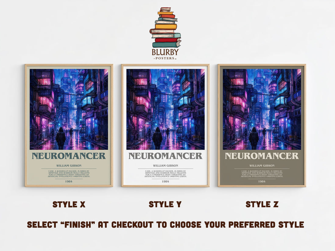 Neuromancer bookish print in frame leaning in hallway – sci fi wall art (mockup)