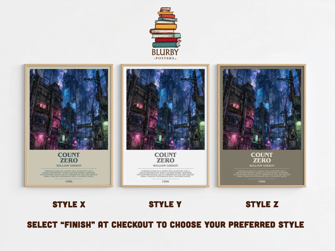 Count Zero bookish print in frame leaning in hallway – sci fi wall art (mockup)