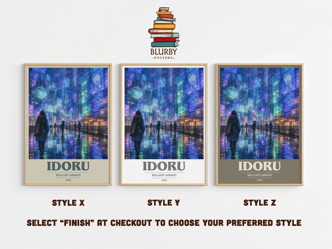 Idoru book cover print in frame leaning in hallway – sci fi wall art (mockup)