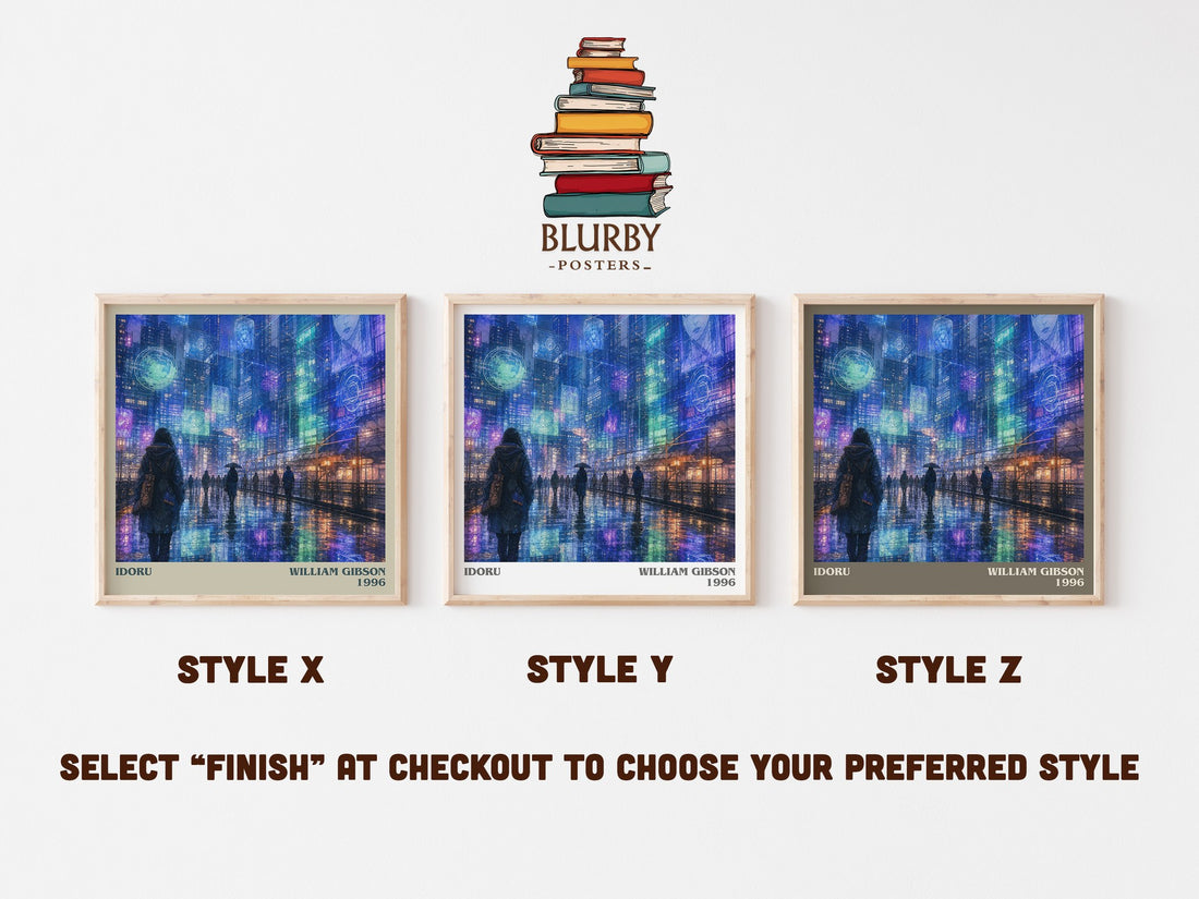 Idoru literary print in frame leaning in hallway – sci fi wall art (mockup)