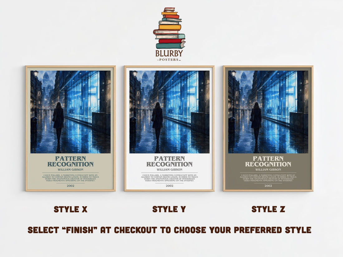 Pattern Recognition bookish print in frame leaning in hallway – thriller wall art (mockup)