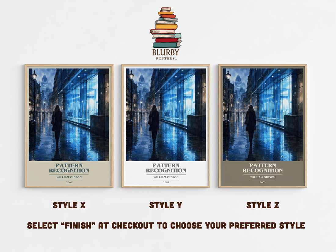 Pattern Recognition book cover print in frame leaning in hallway – thriller wall art (mockup)