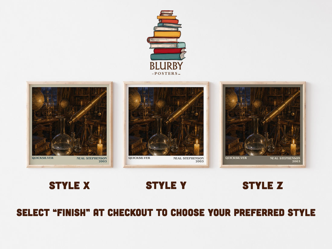 Quicksilver literary print in frame leaning in hallway – historical fiction wall art (mockup)