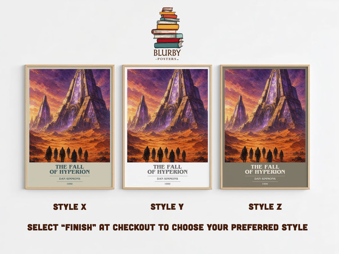 The Fall of Hyperion book cover print in frame leaning in hallway – sci fi wall art (mockup)