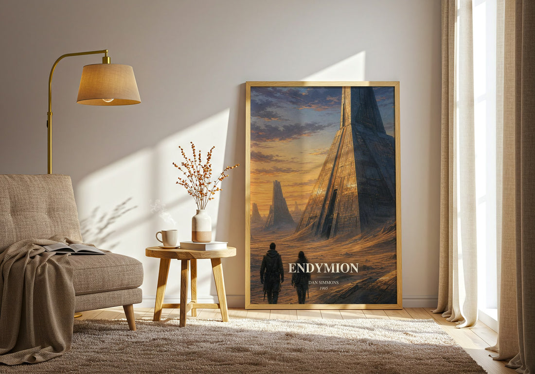 Endymion watercolour print in frame leaning in hallway – sci fi wall art (mockup)
