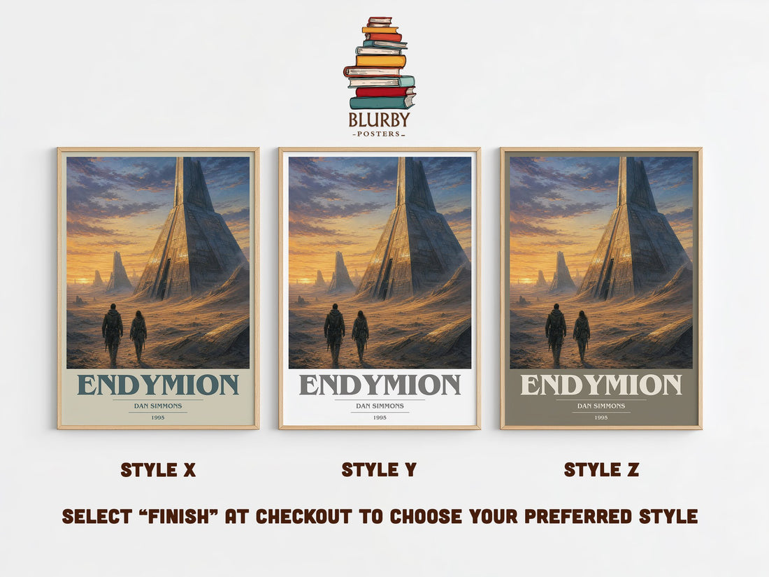 Endymion book cover print in frame leaning in hallway – sci fi wall art (mockup)
