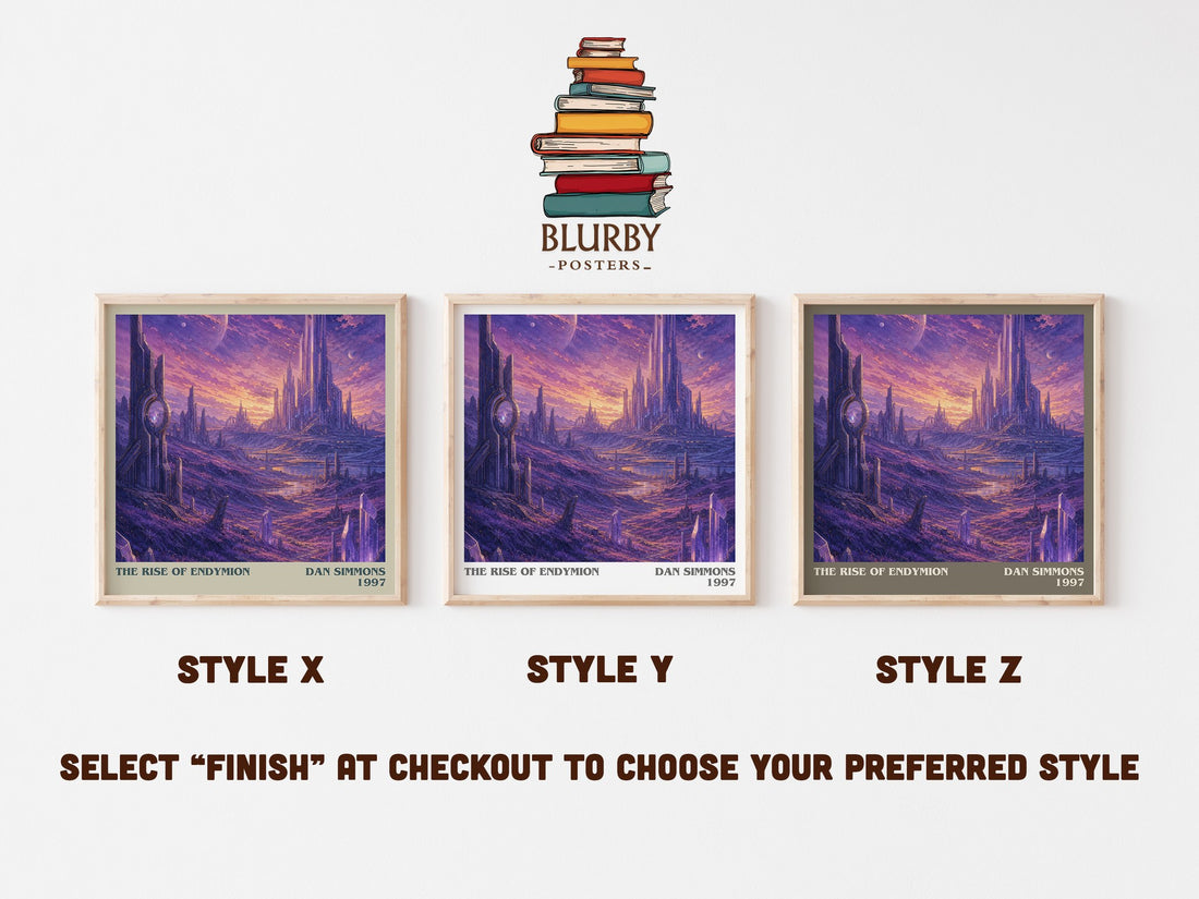 The Rise of Endymion literary print in frame leaning in hallway – sci fi wall art (mockup)
