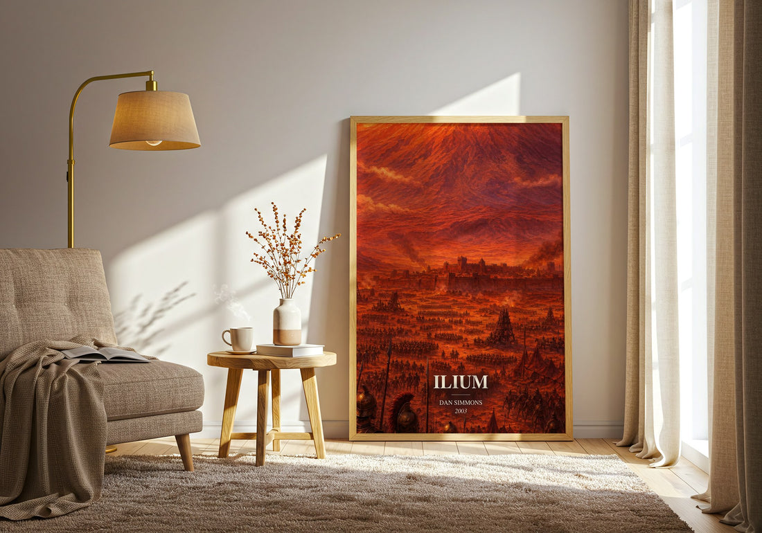 Ilium watercolour print in frame leaning in hallway – sci fi wall art (mockup)