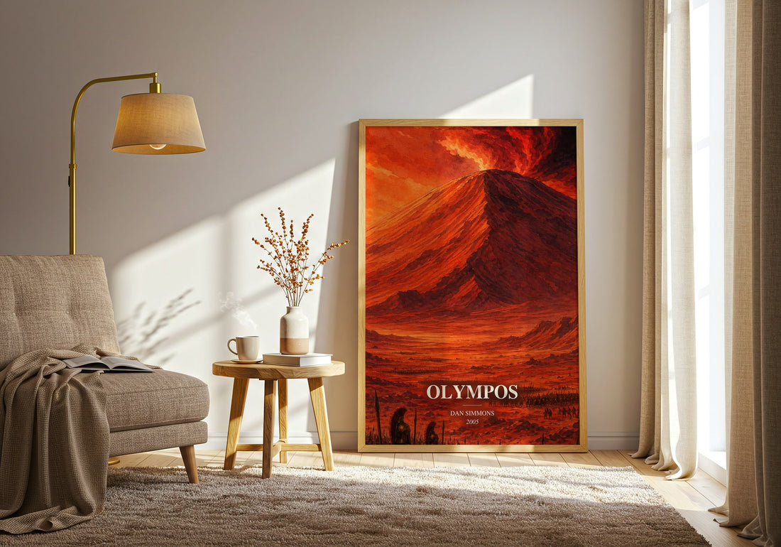 Olympos watercolour print in frame leaning in hallway – sci fi wall art (mockup)