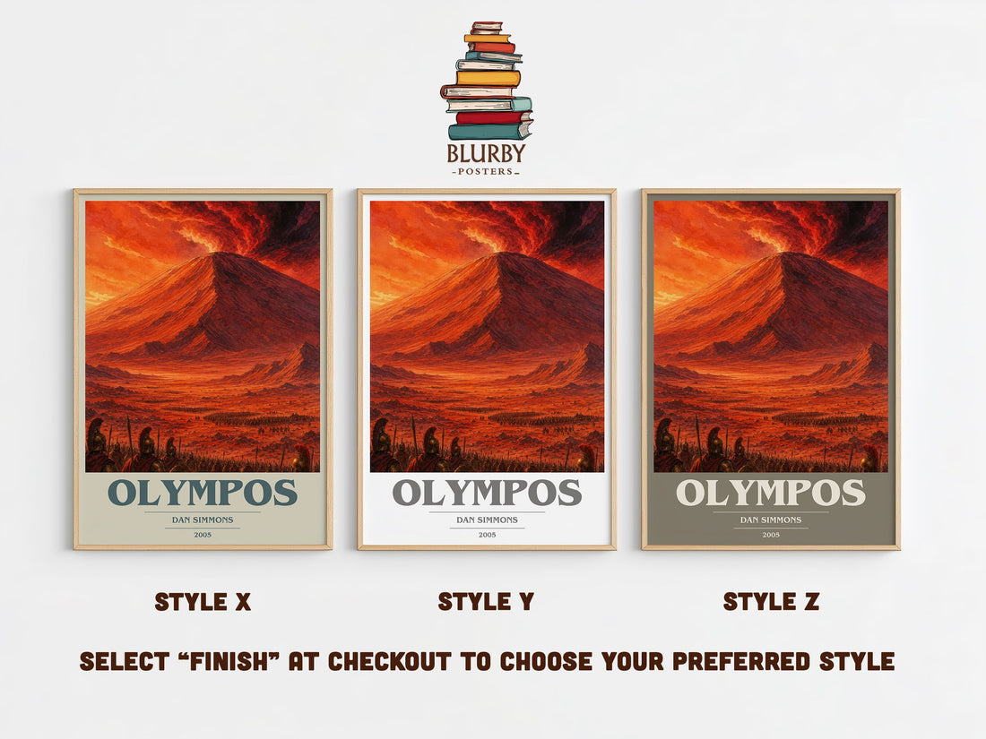 Olympos book cover print in frame leaning in hallway – sci fi wall art (mockup)