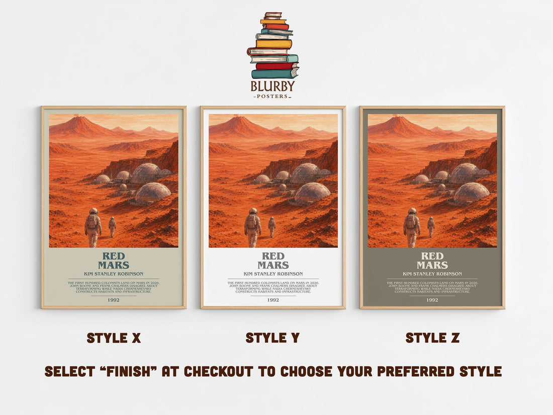 Red Mars bookish print in frame leaning in hallway – sci fi wall art (mockup)