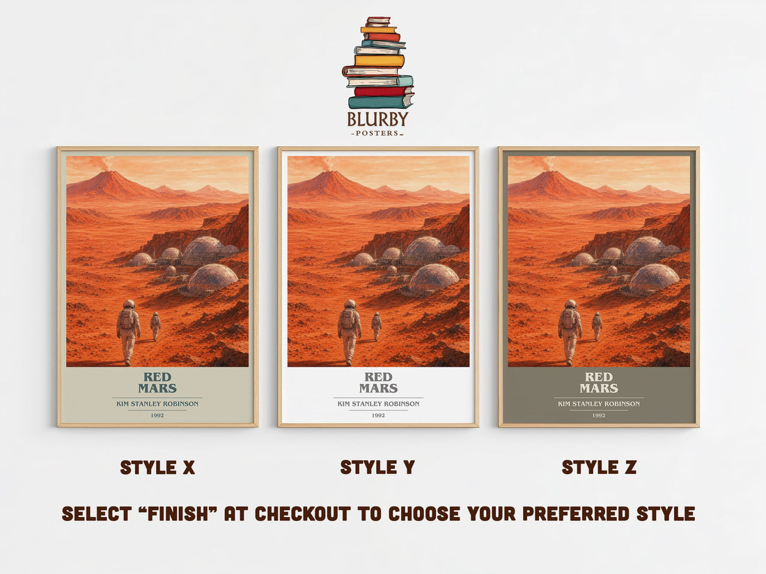 Red Mars book cover print in frame leaning in hallway – sci fi wall art (mockup)