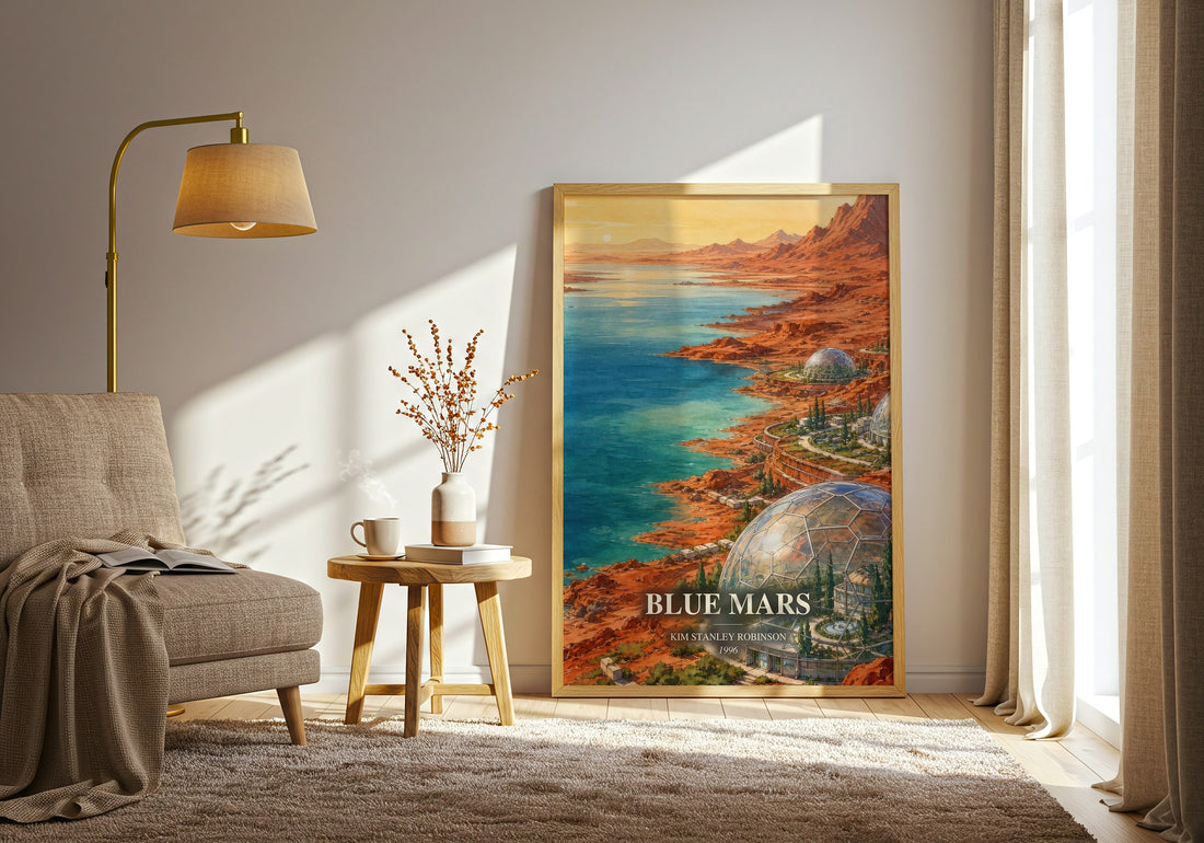 Blue Mars watercolour print in frame leaning in hallway – sci fi wall art (mockup)