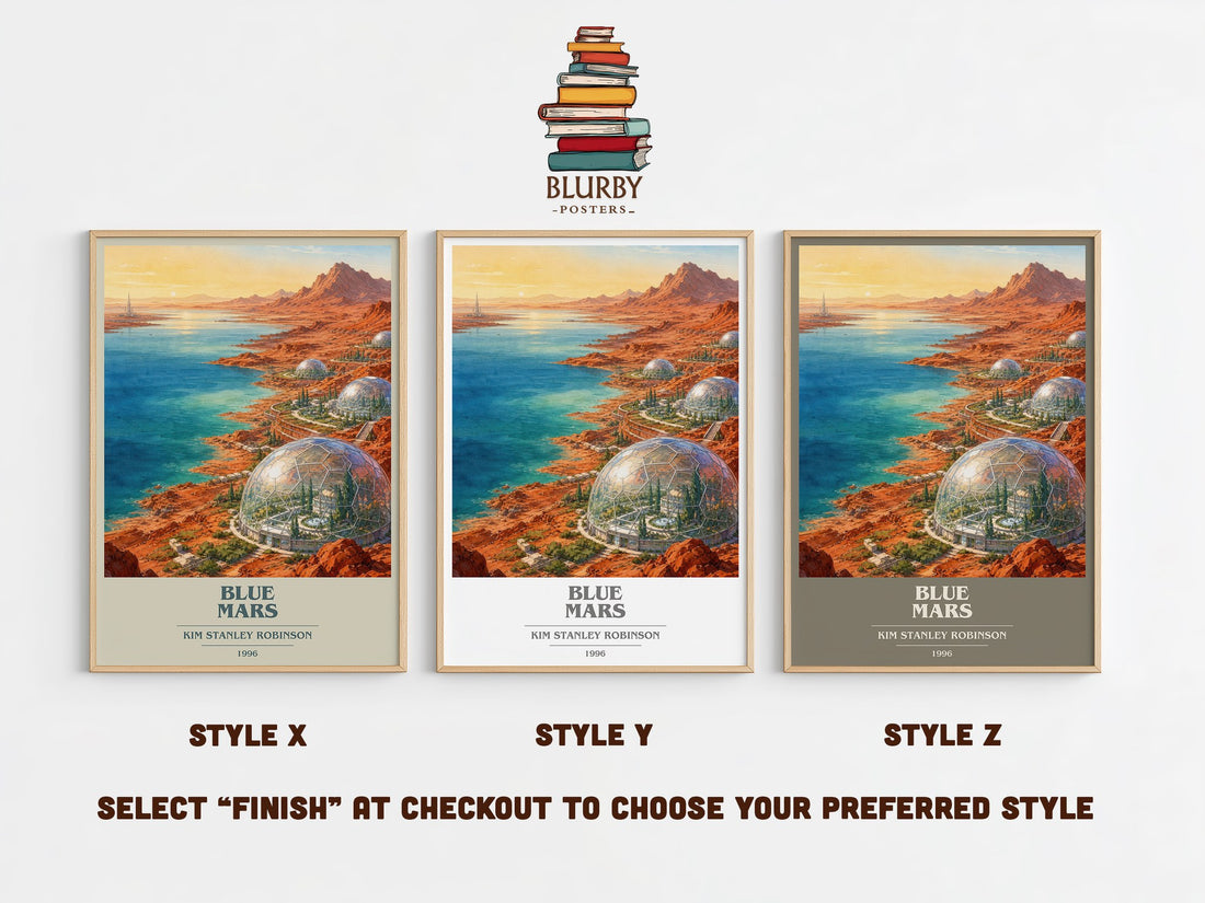 Blue Mars book cover print in frame leaning in hallway – sci fi wall art (mockup)