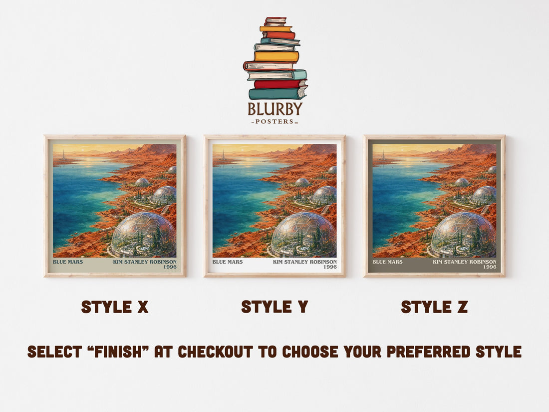 Blue Mars literary print in frame leaning in hallway – sci fi wall art (mockup)