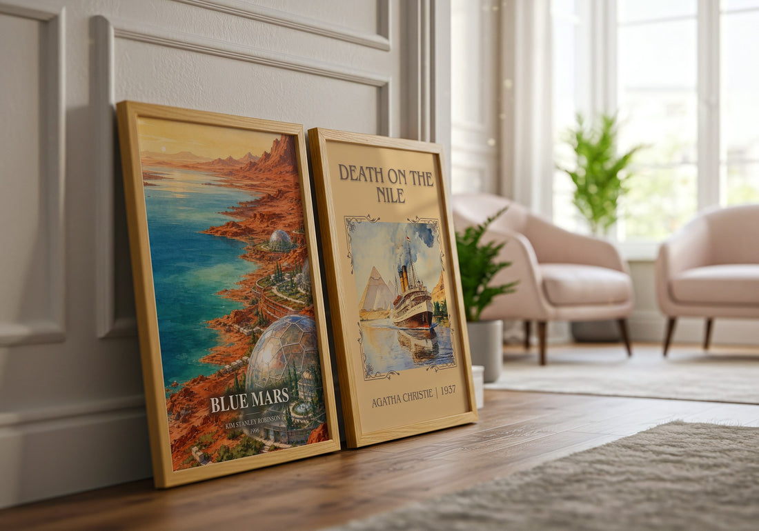 Blue Mars watercolour print framed by window – literary home decor