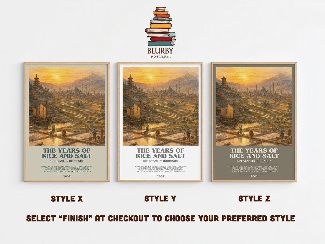 The Years of Rice and Salt bookish print in frame leaning in hallway – sci fi wall art (mockup)