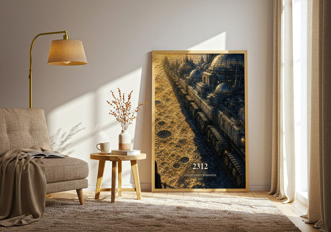 2312 watercolour print in frame leaning in hallway – sci fi wall art (mockup)