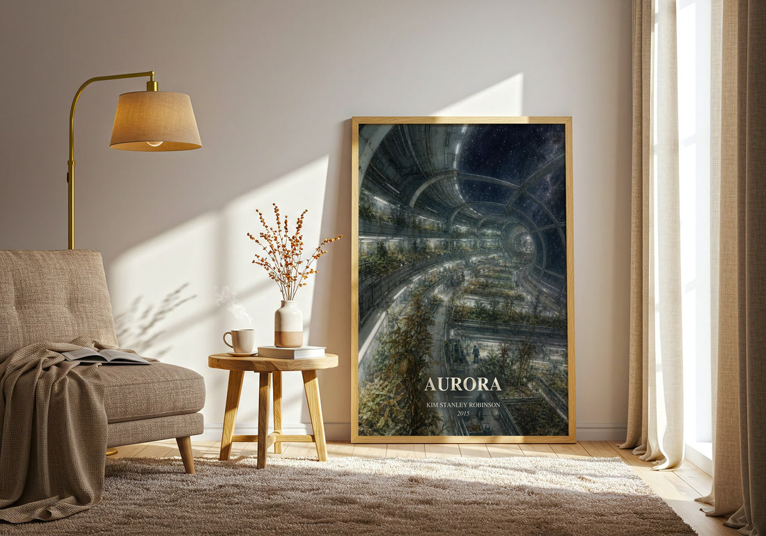 Aurora watercolour print in frame leaning in hallway – sci fi wall art (mockup)