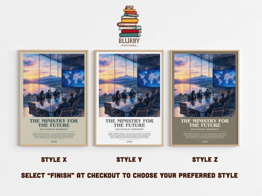 The Ministry for the Future bookish print in frame leaning in hallway – sci fi wall art (mockup)