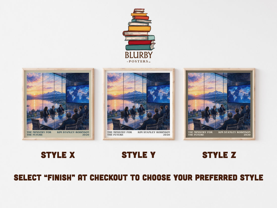 The Ministry for the Future literary print in frame leaning in hallway – sci fi wall art (mockup)