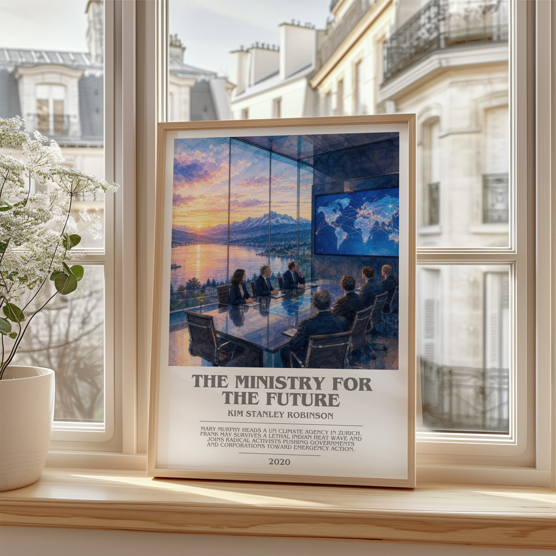 The Ministry for the Future Bookish Wall Art by Kim Stanley Robinson – framed print by a bright window