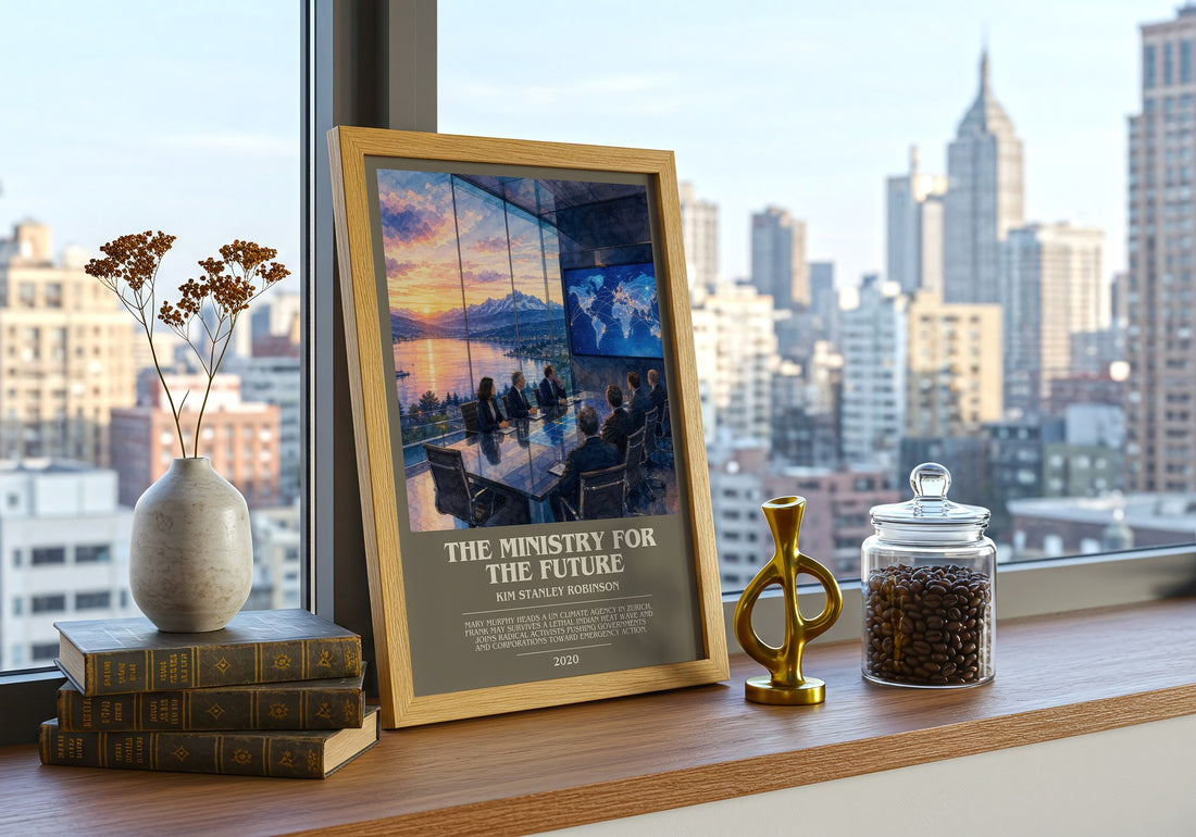 The Ministry for the Future Bookish Wall Art by Kim Stanley Robinson – framed print on a city-view windowsill