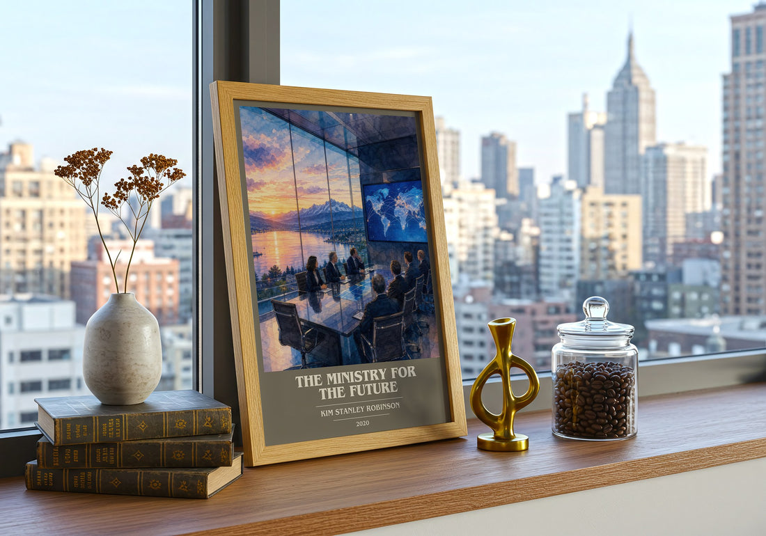 The Ministry for the Future book cover print framed by window – literary home decor