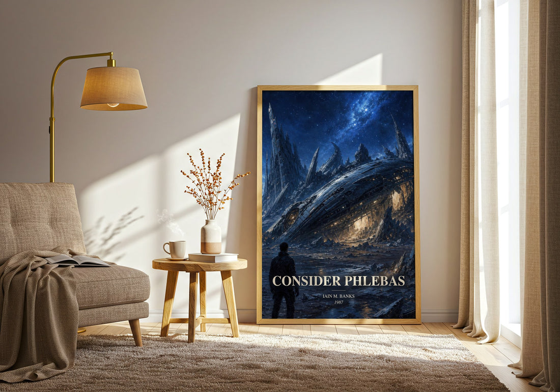 Consider Phlebas watercolour print in frame leaning in hallway – sci fi wall art (mockup)