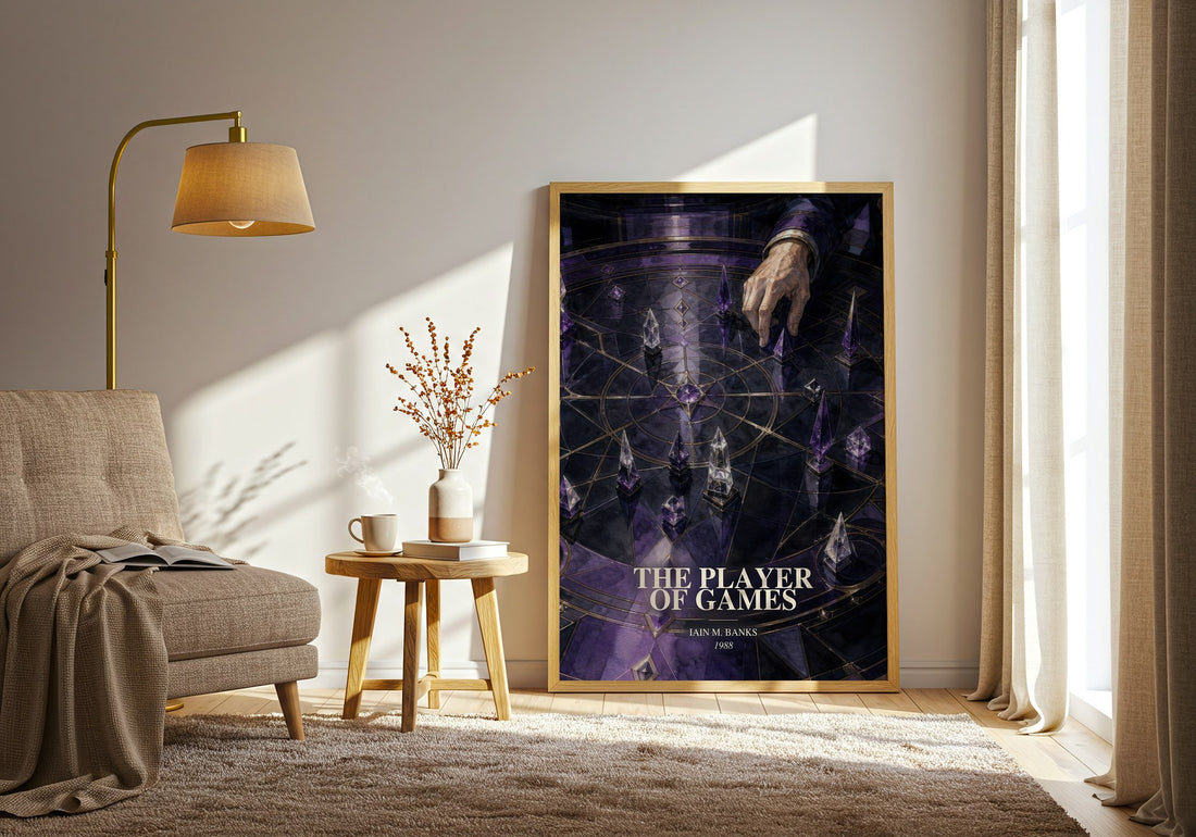 The Player of Games watercolour print in frame leaning in hallway – sci fi wall art (mockup)
