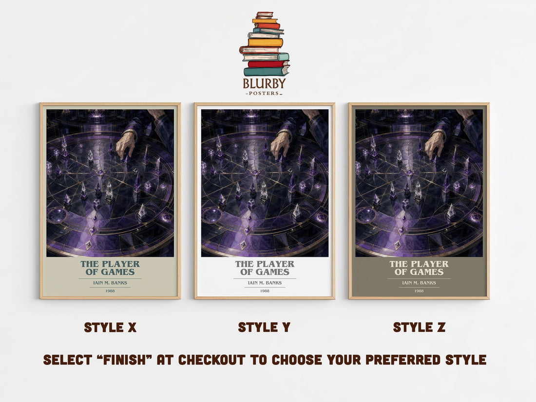 The Player of Games book cover print in frame leaning in hallway – sci fi wall art (mockup)