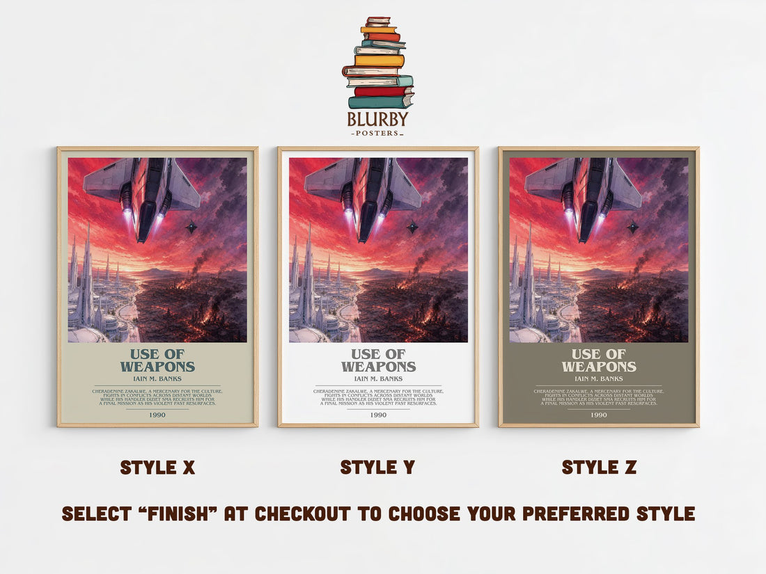 Use of Weapons bookish print in frame leaning in hallway – sci fi wall art (mockup)